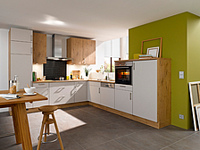 moderne Küche in Sandbeige seidenmatt mit Korpus in Wild Oak moderne Küche in Sandbeige seidenmatt mit Korpus in Wild Oak