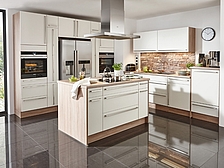 moderne Küche in Weiß seidenmatt und Sonoma Eiche moderne Küche in Kaschmir und Eiche sand